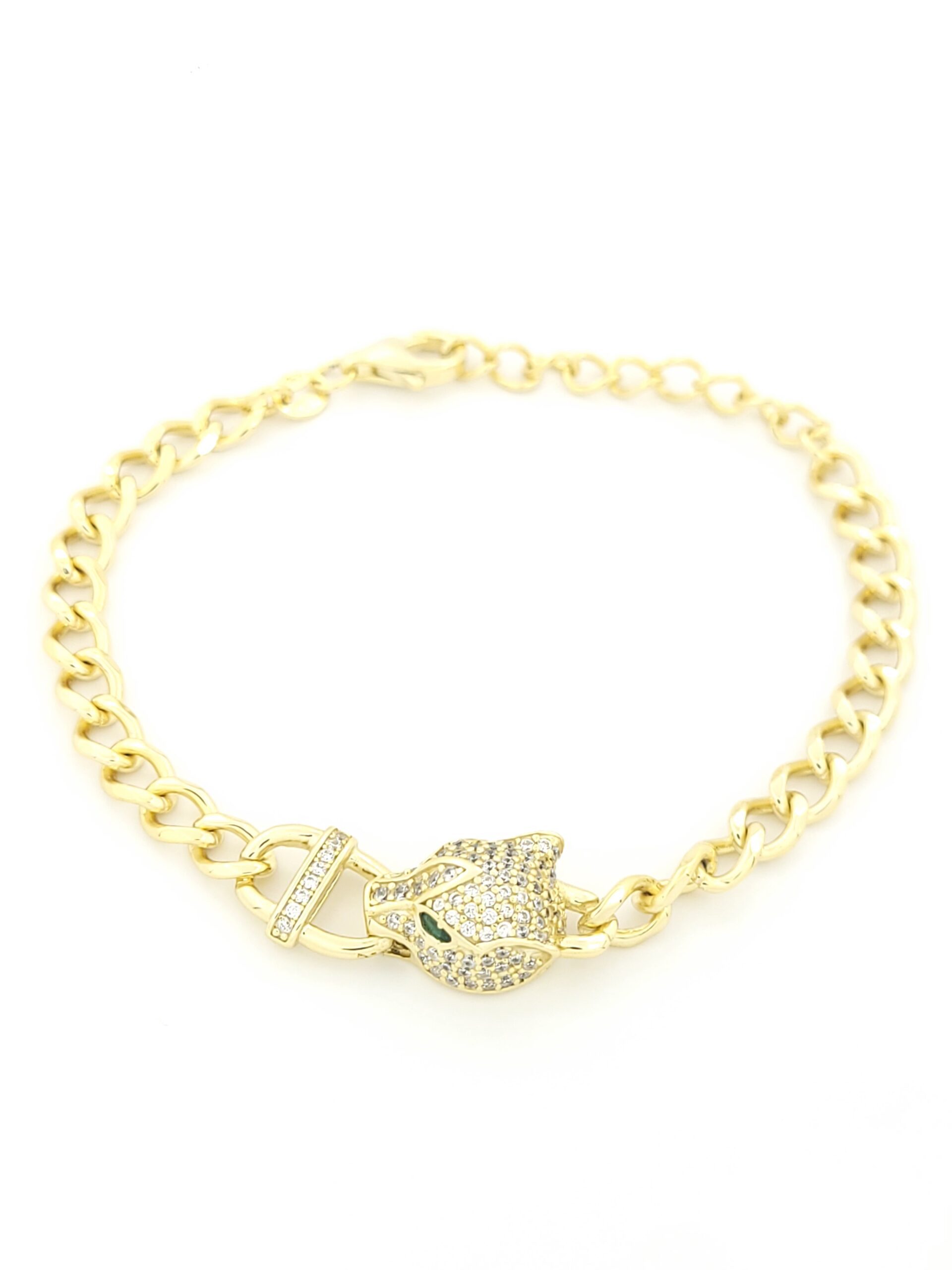 Ασημένιο Επιχρυσωμένο Γυναικείο Βραχιόλι Πάνθηρας, Με Σμαραγδίτες Και Λευκά Ζιργκόν κωδ.106926