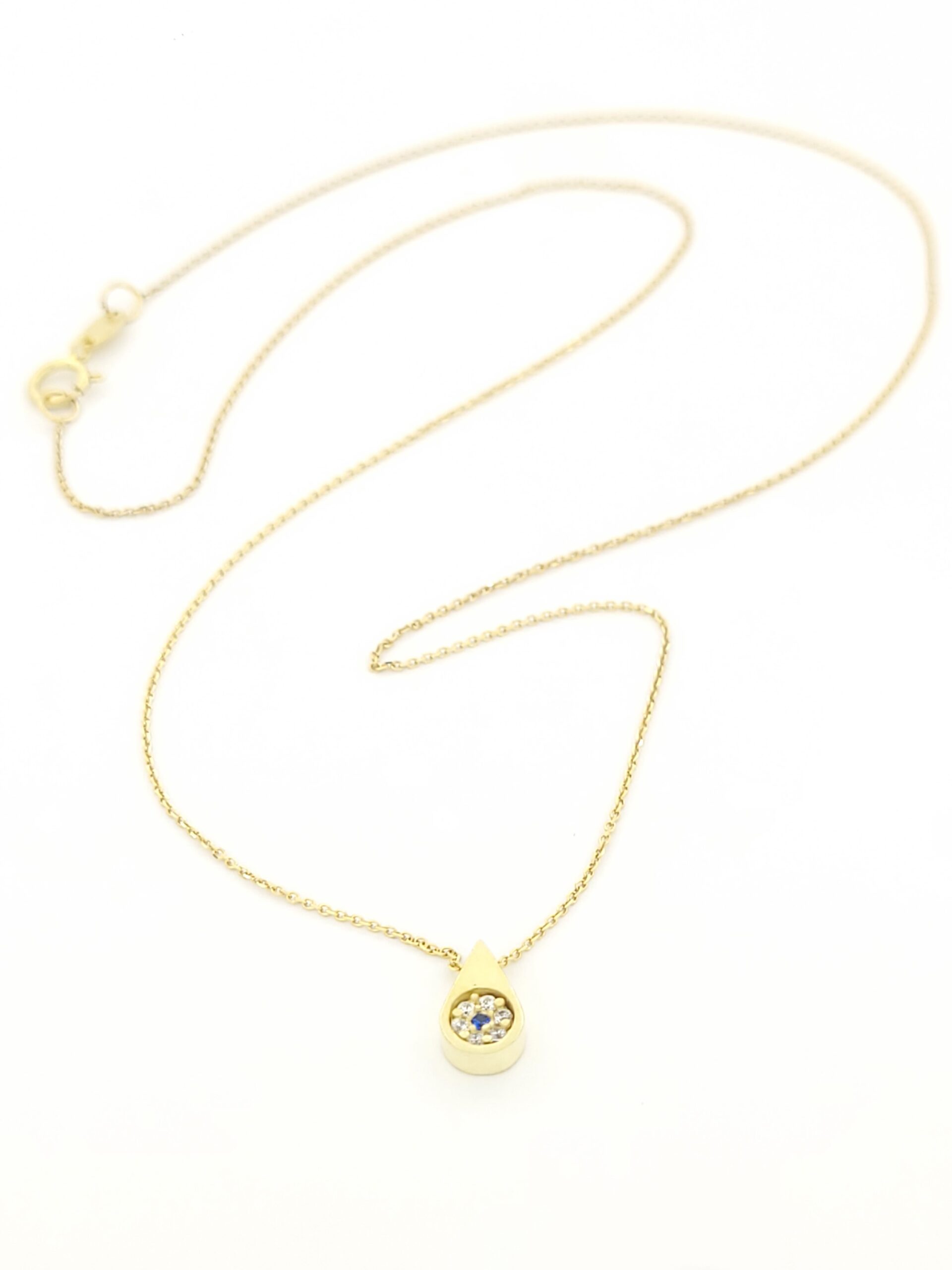 Χρυσό Γυναικείο Κολιέ Κ9, Με Δάκρυ Με Λευκά Και Μπλε Ζιργκόν κωδ.107064