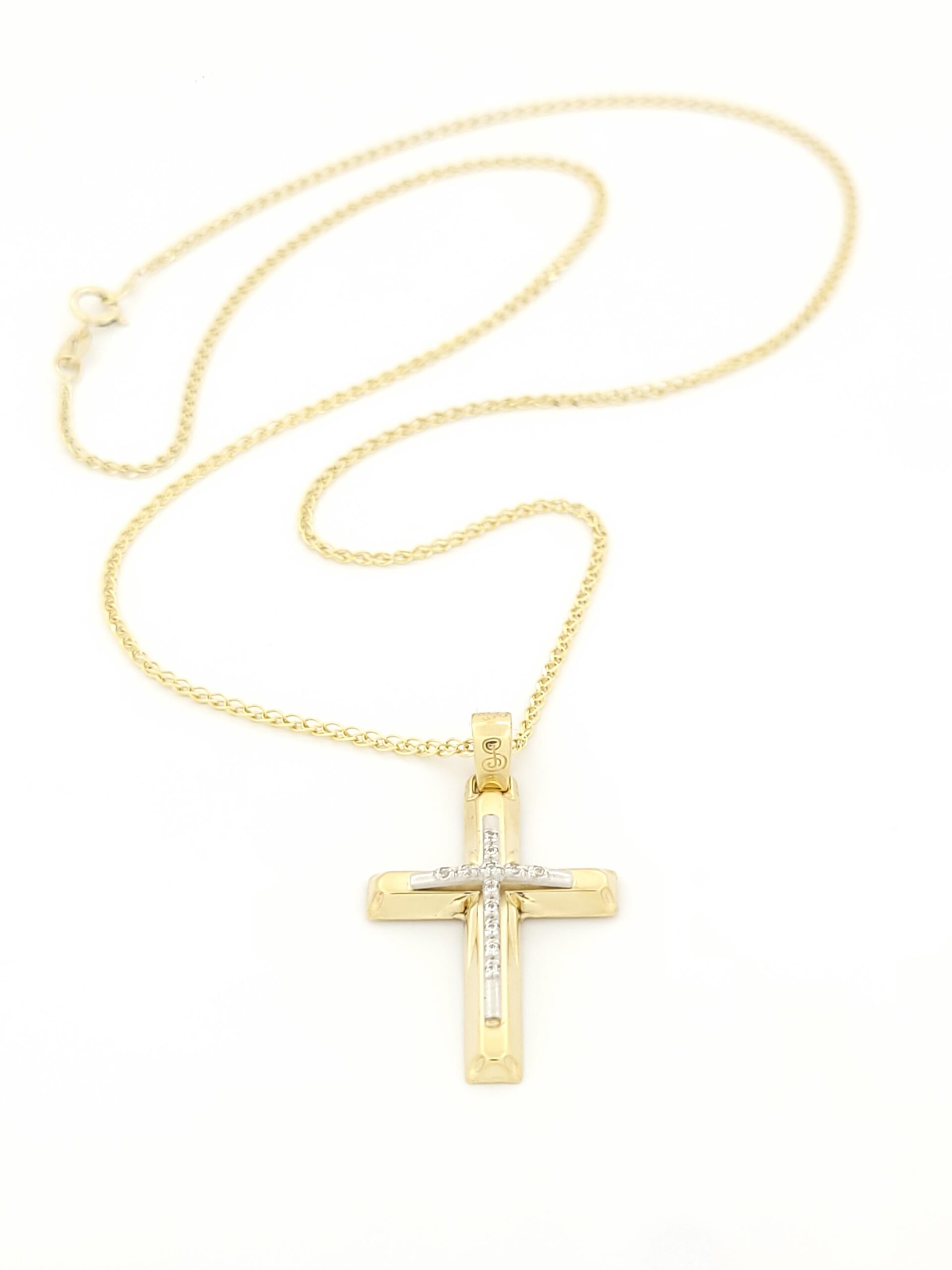Χρυσό Γυναικείο Κολιέ Κ14, Με Δίχρωμο Λουστρέ-Ματ Σταυρό Με Λευκά Ζιργκόν κωδ.107139