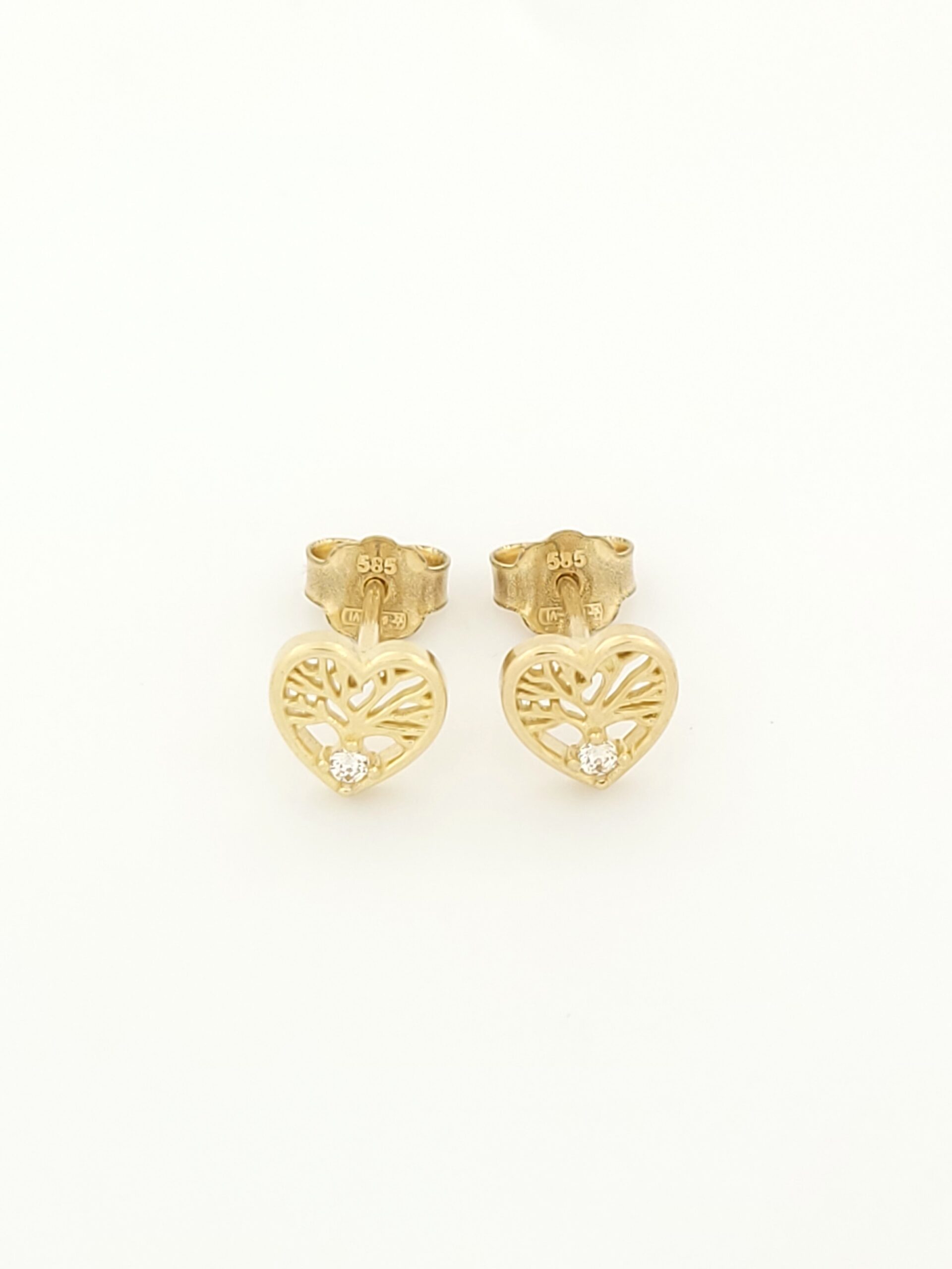 Χρυσά Γυναικεία Καρφωτά Σκουλαρίκια Καρδιές Κ14, Με Δέντρο της Ζωής Και Λευκά Ζιργκόν κωδ.107189