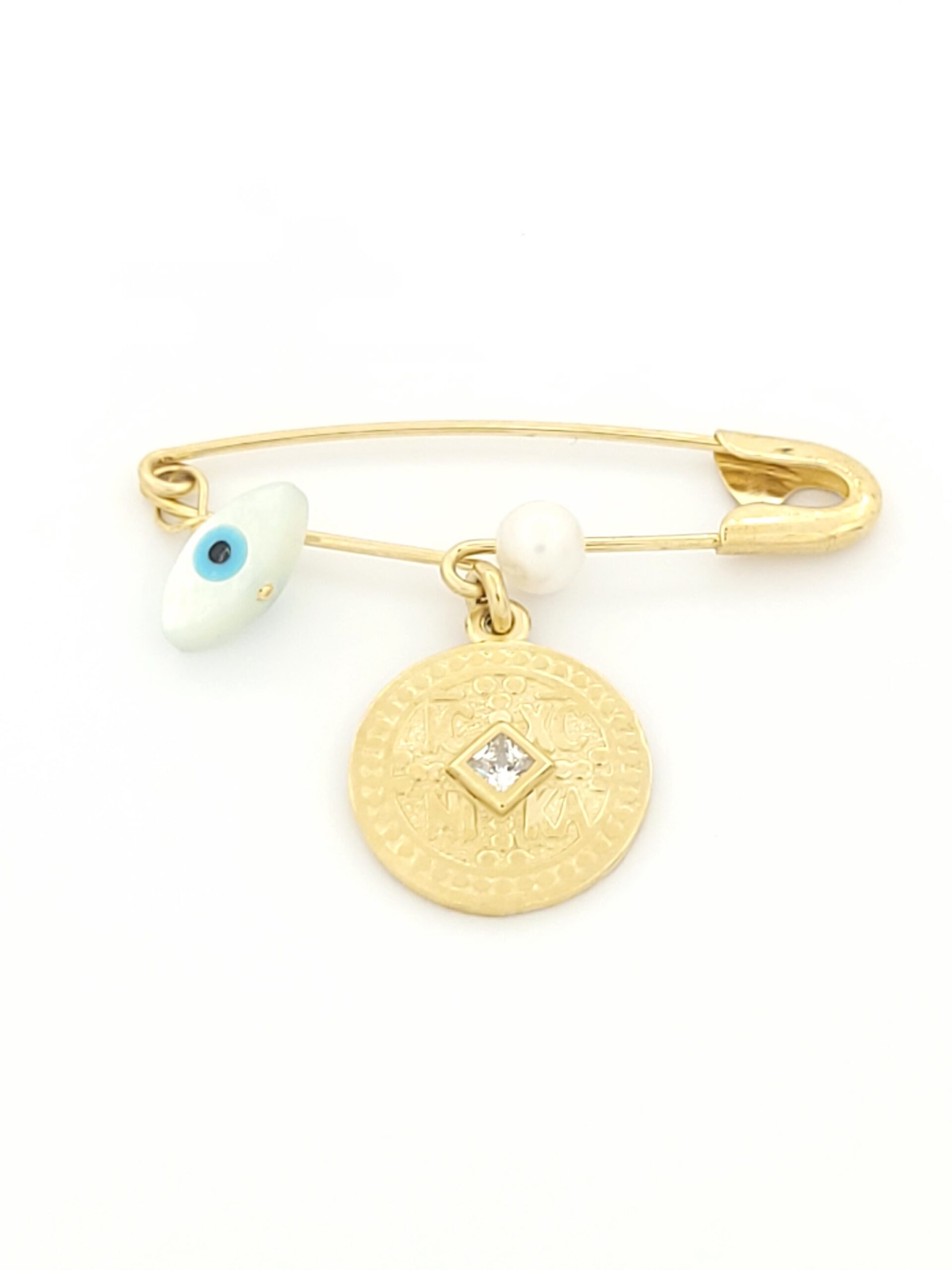 Χρυσή Παιδική Παραμάνα Κ9, Με Ματάκι, Μαργαριτάρι Και Κωνσταντινάτο Με Ζιργκόν κωδ.107043