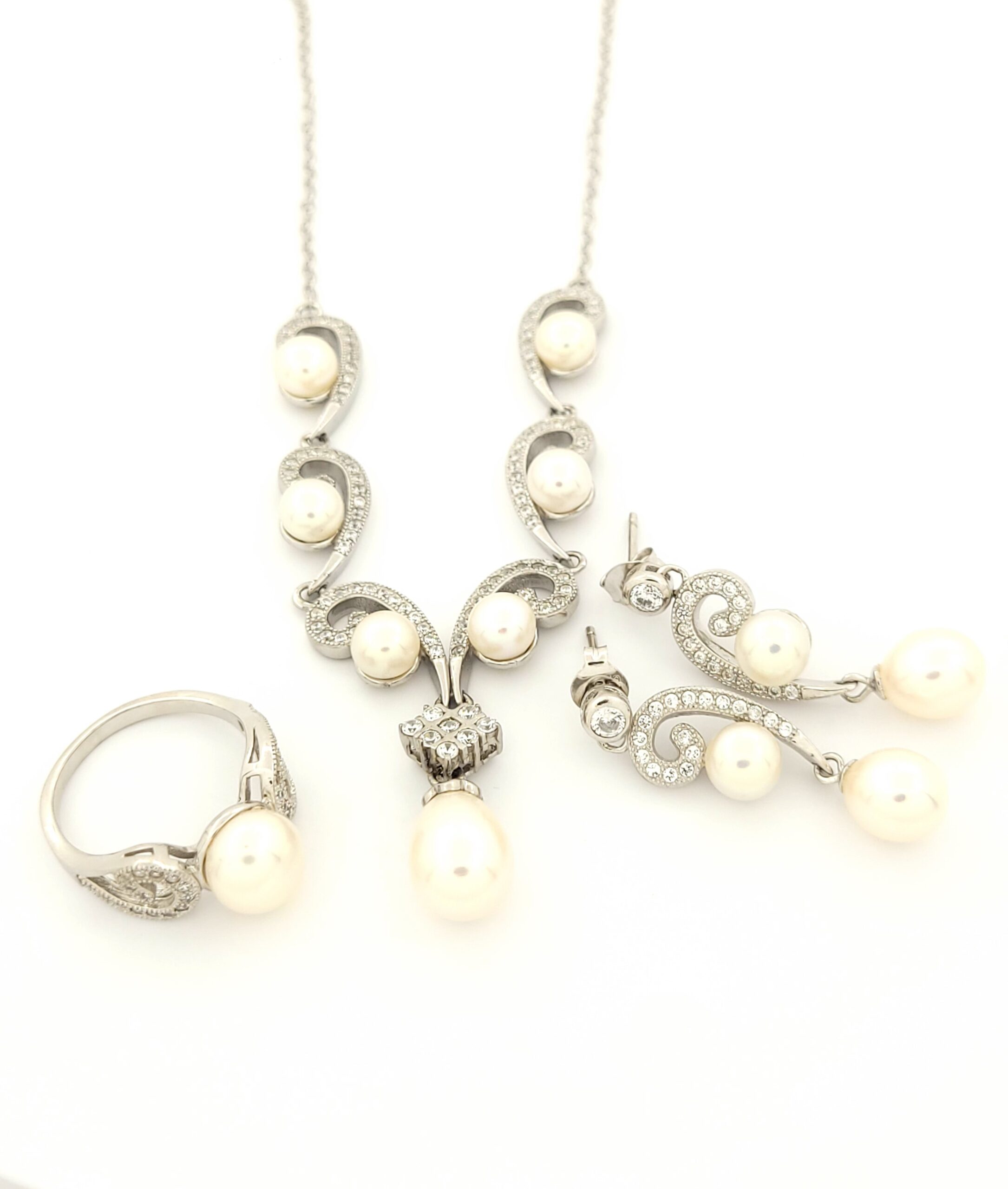 Ασημένιο Σετ της Silver Union, Με Λευκά Ζιργκόν Και Μαργαριτάρια κωδ.107321