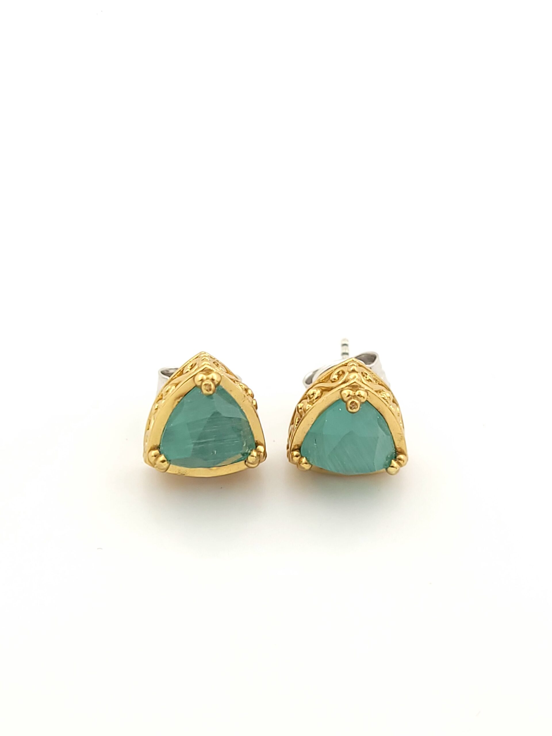 Ασημένια Επιχρυσωμένα Σκουλαρίκια Καρφωτά Dimitrios-Exclusive Με Ανοιχτό Σμαραγδί Cat Eye Σε Επίχρυσο Στεφάνι κωδ.S185