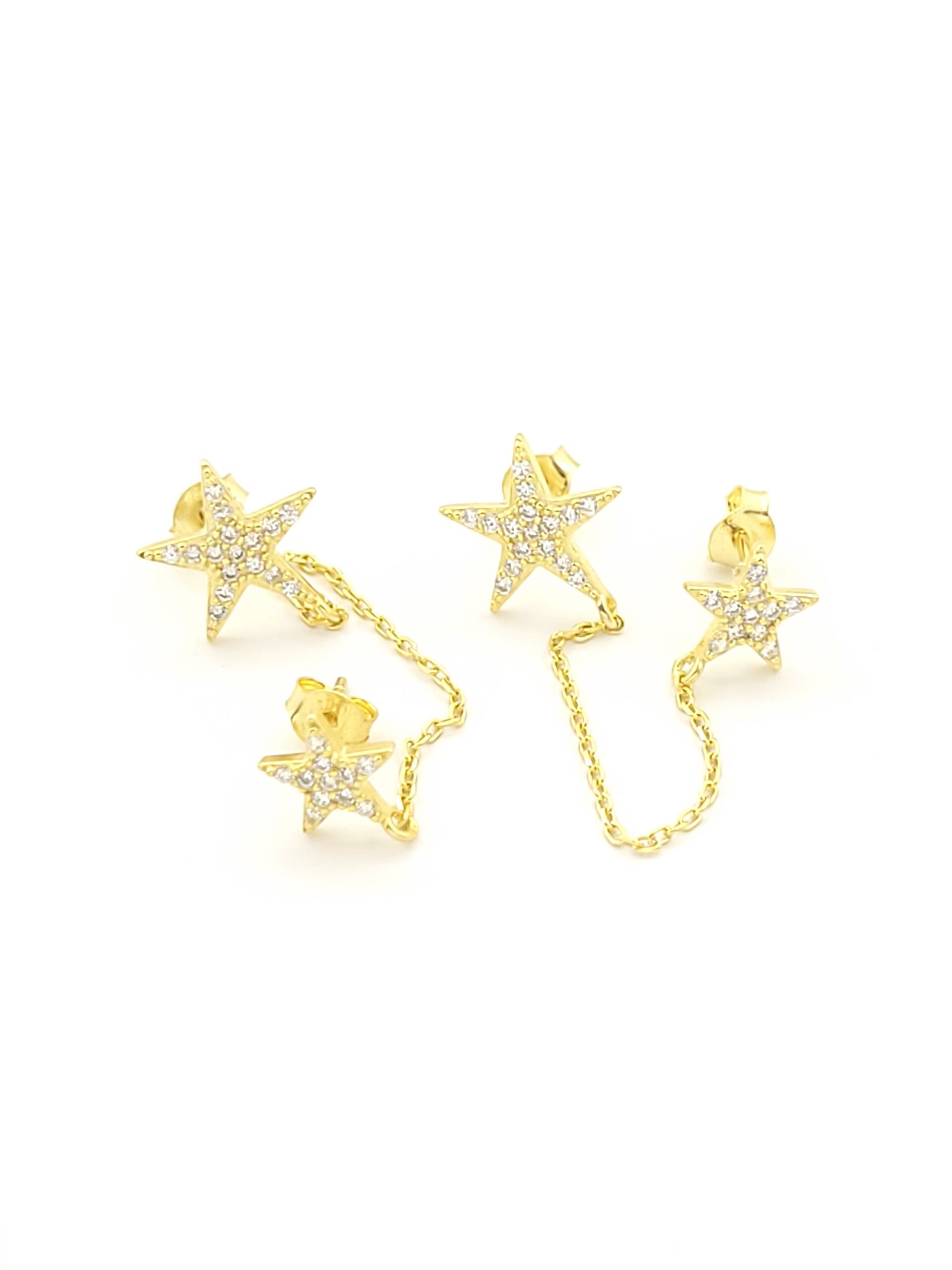 Ασημένια Επιχρυσωμένα Γυναικεία Σκουλαρίκια Καρφωτά Για Δύο Τρύπες, Με Αστέρια και Λευκά Ζιργκόν κωδ.107586