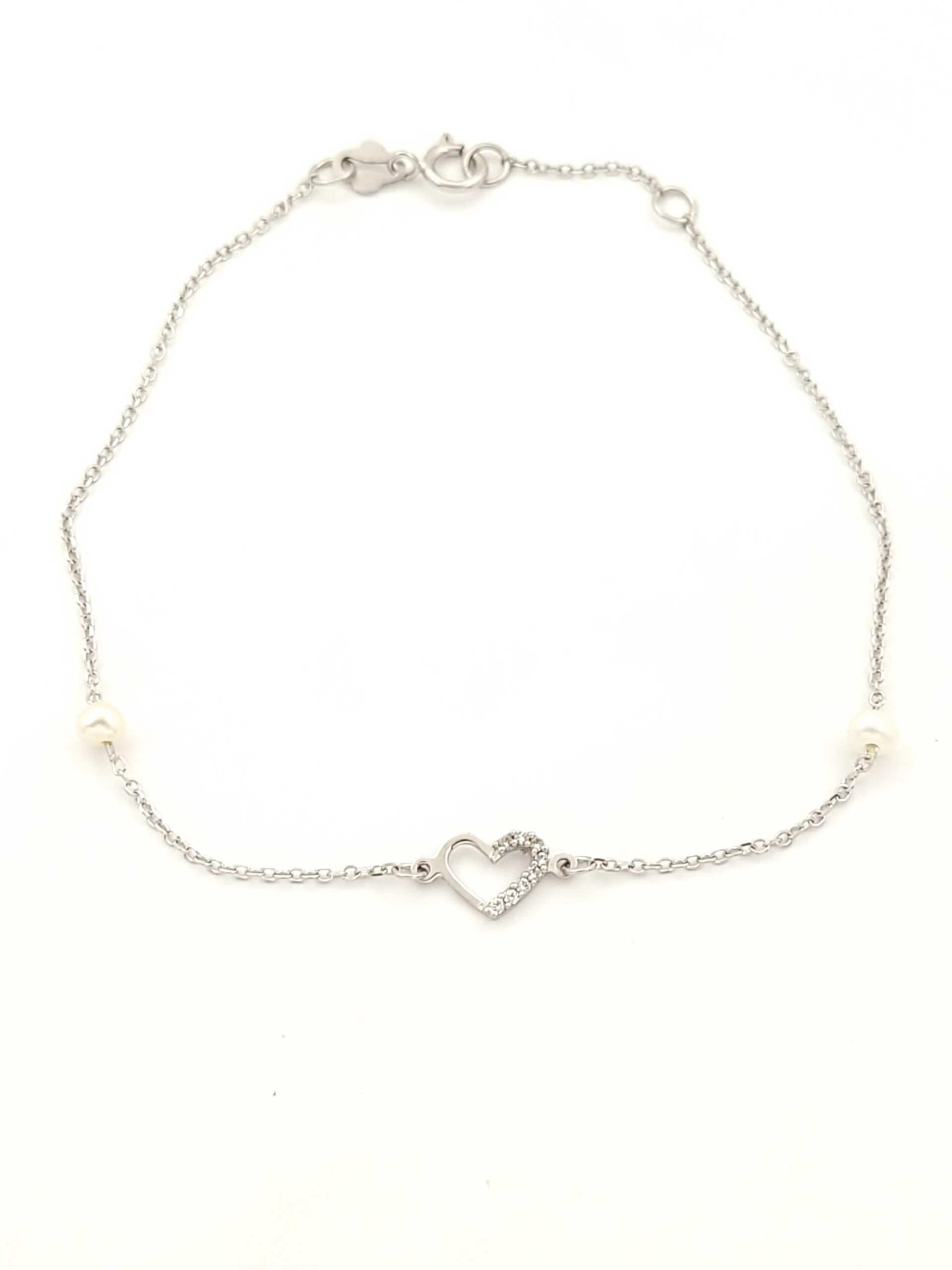 Λευκόχρυσο Γυναικείο Βραχιόλι Κ9, Με Καρδιά Με Λευκά Ζιργκόν και Μαργαριτάρια κωδ.107714