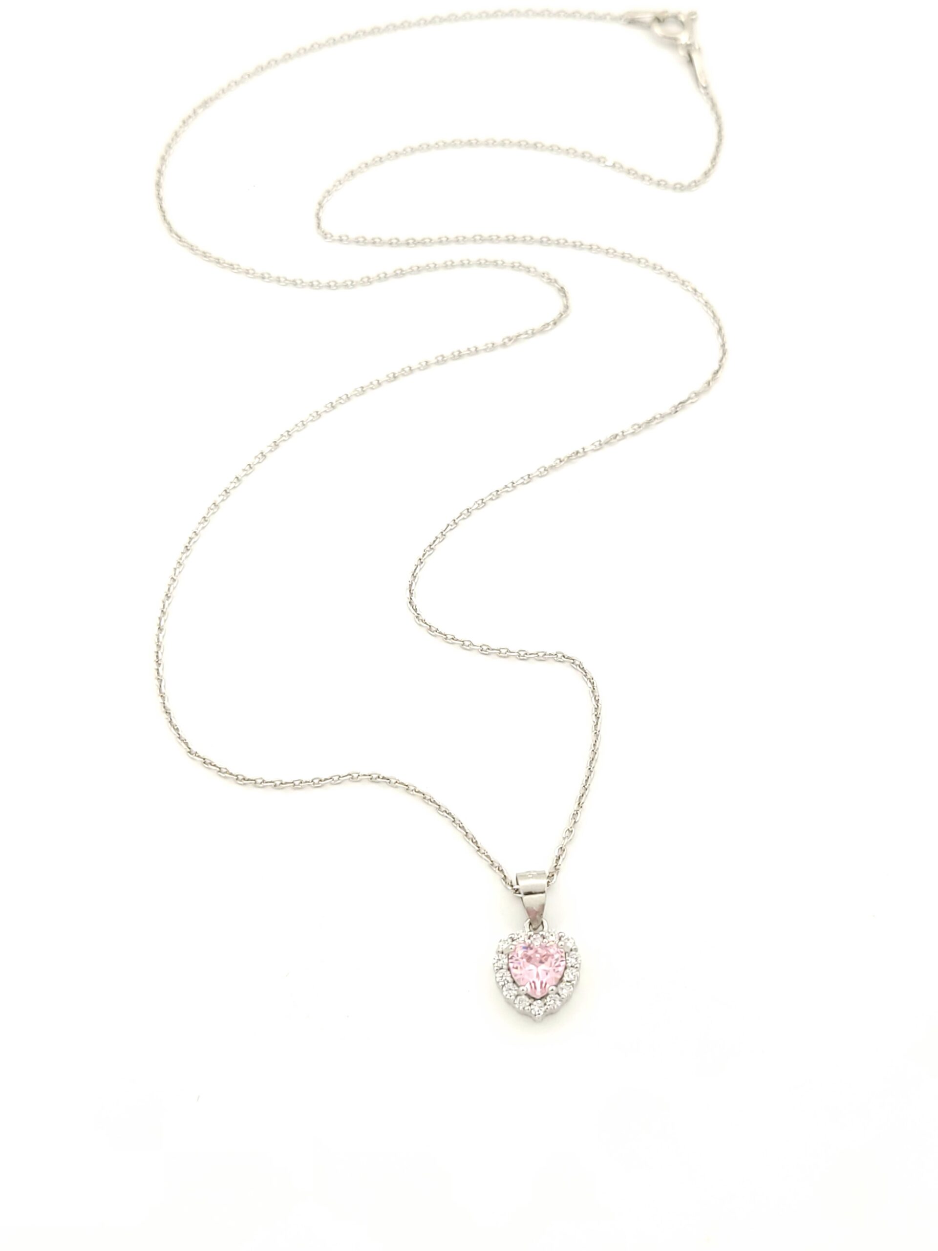 Ασημένιο Γυναικείο Κολιέ Luxor, Με Ροζέτα Καρδιά Με Λευκά και Ροζ Ζιργκόν κωδ.107854