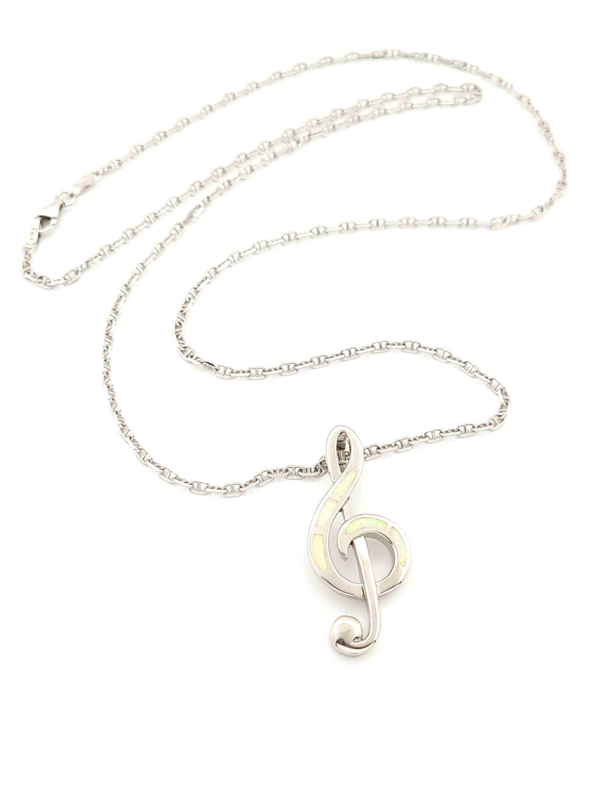 Ασημένιο Γυναικείο Κολιέ Κλειδί Του Σολ Με Λευκό Οπάλιο κωδ.108179