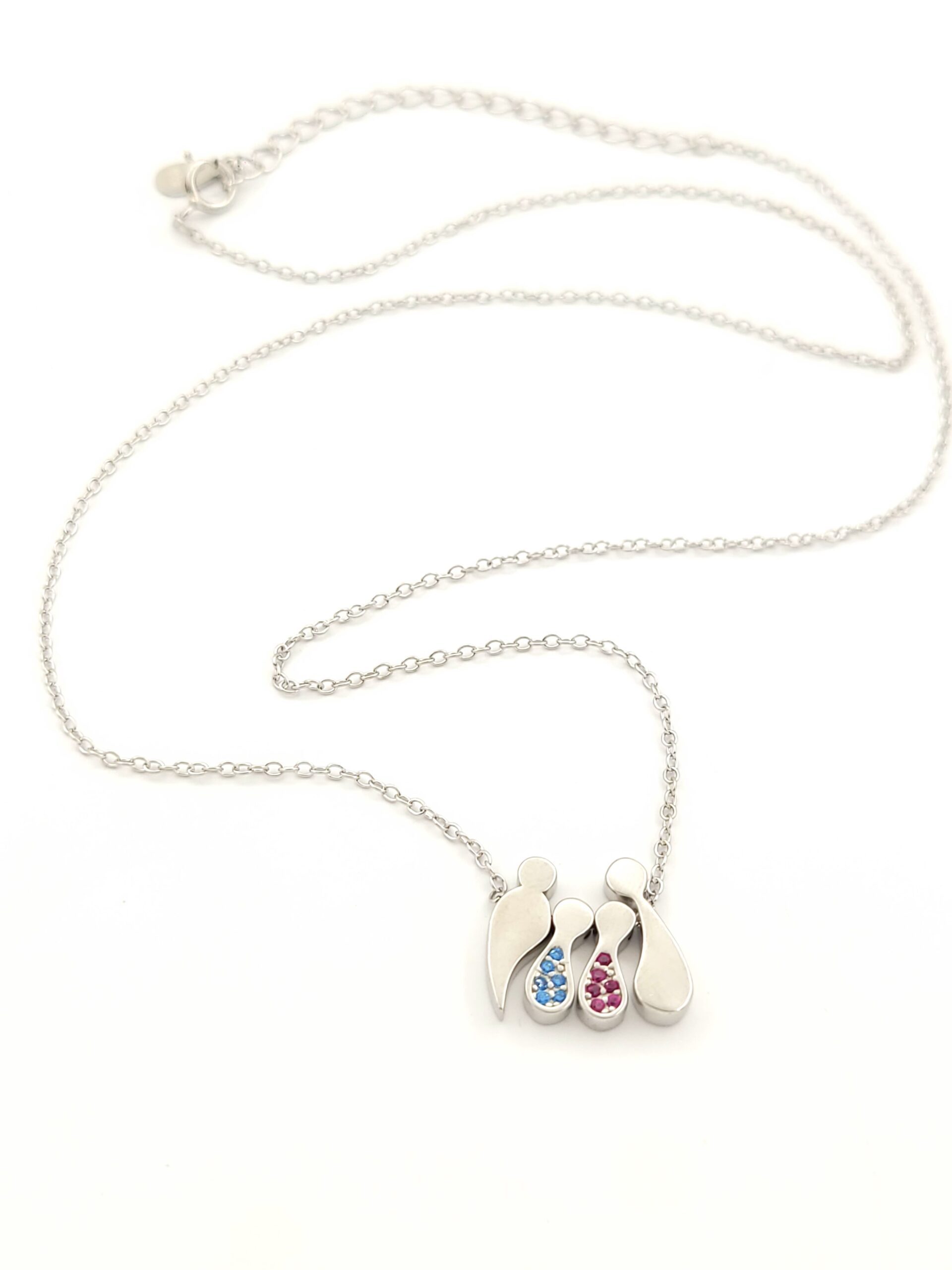 Ασημένιο Γυναικείο Κολιέ, Με Τετραμελή Οικογένεια Με Αγοράκι, Κοριτσάκι Και Χρωματιστά Ζιργκόν κωδ.108558
