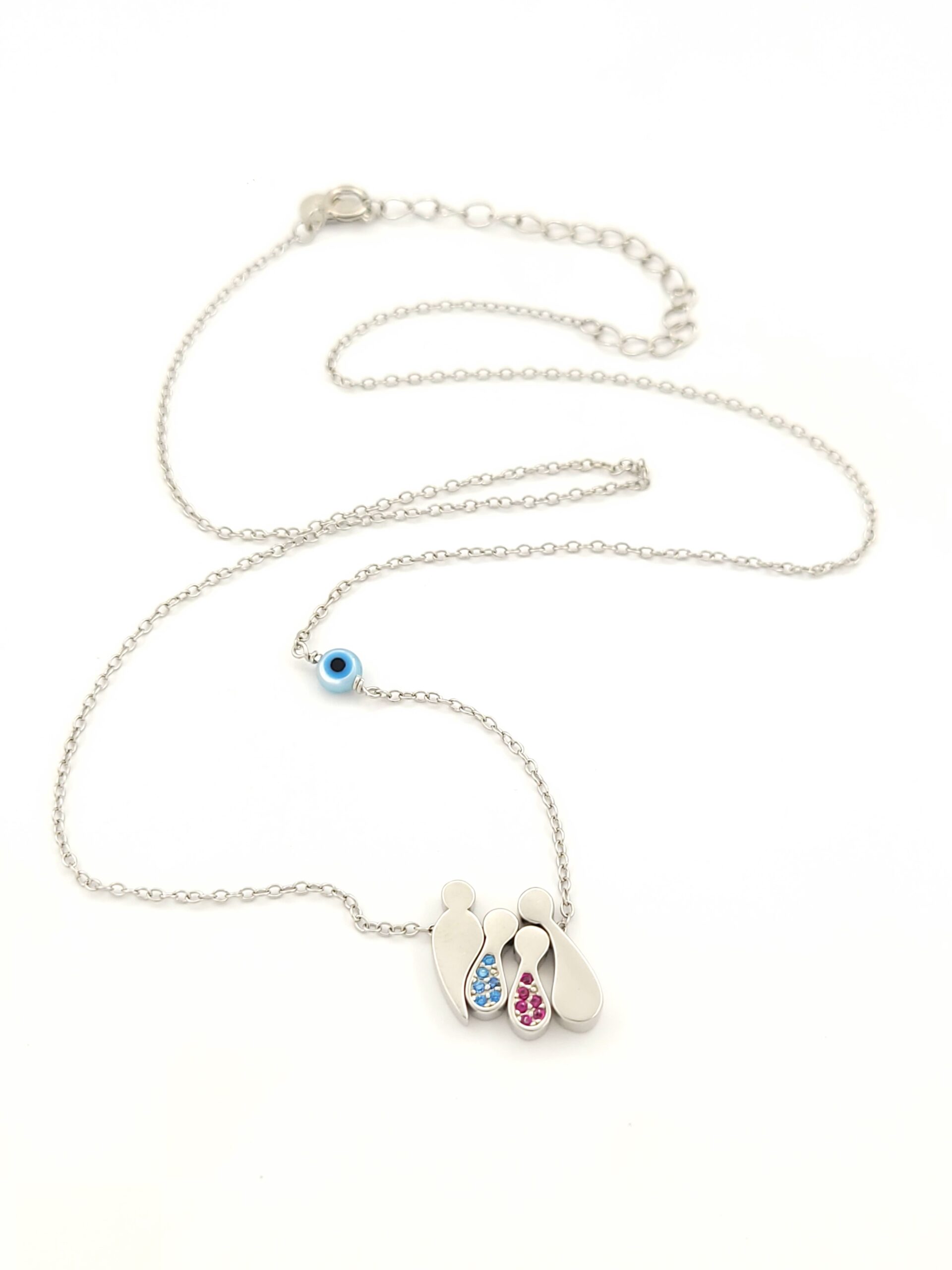 Ασημένιο Γυναικείο Κολιέ, Με Τετραμελή Οικογένεια Με Αγοράκι, Κοριτσάκι, Χρωματιστά Ζιργκόν Και Ματάκι κωδ.108574
