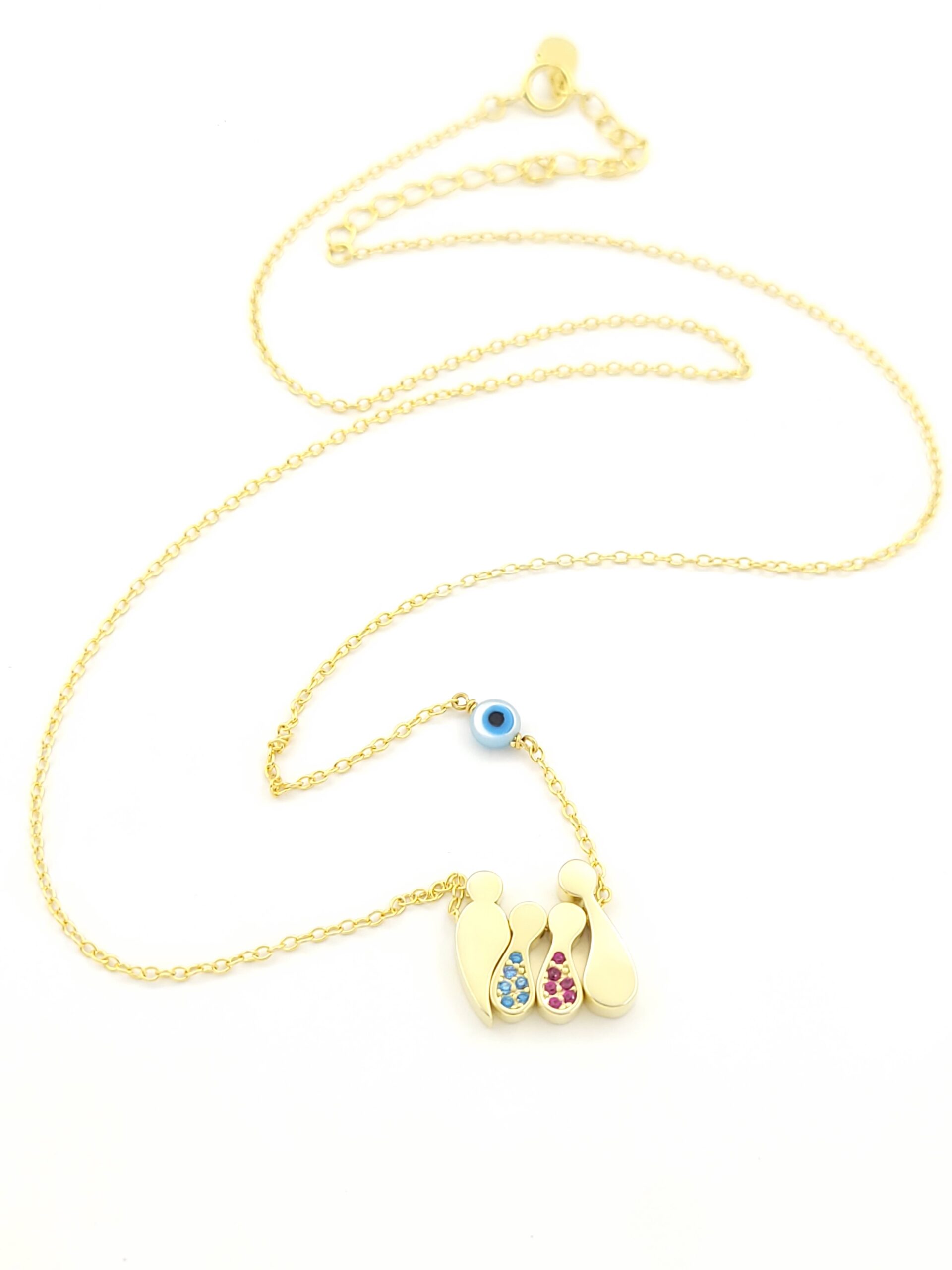 Ασημένιο Επιχρυσωμένο Γυναικείο Κολιέ, Με Τετραμελή Οικογένεια Με Αγοράκι, Κοριτσάκι, Χρωματιστά Ζιργκόν Και Ματάκι κωδ.108575