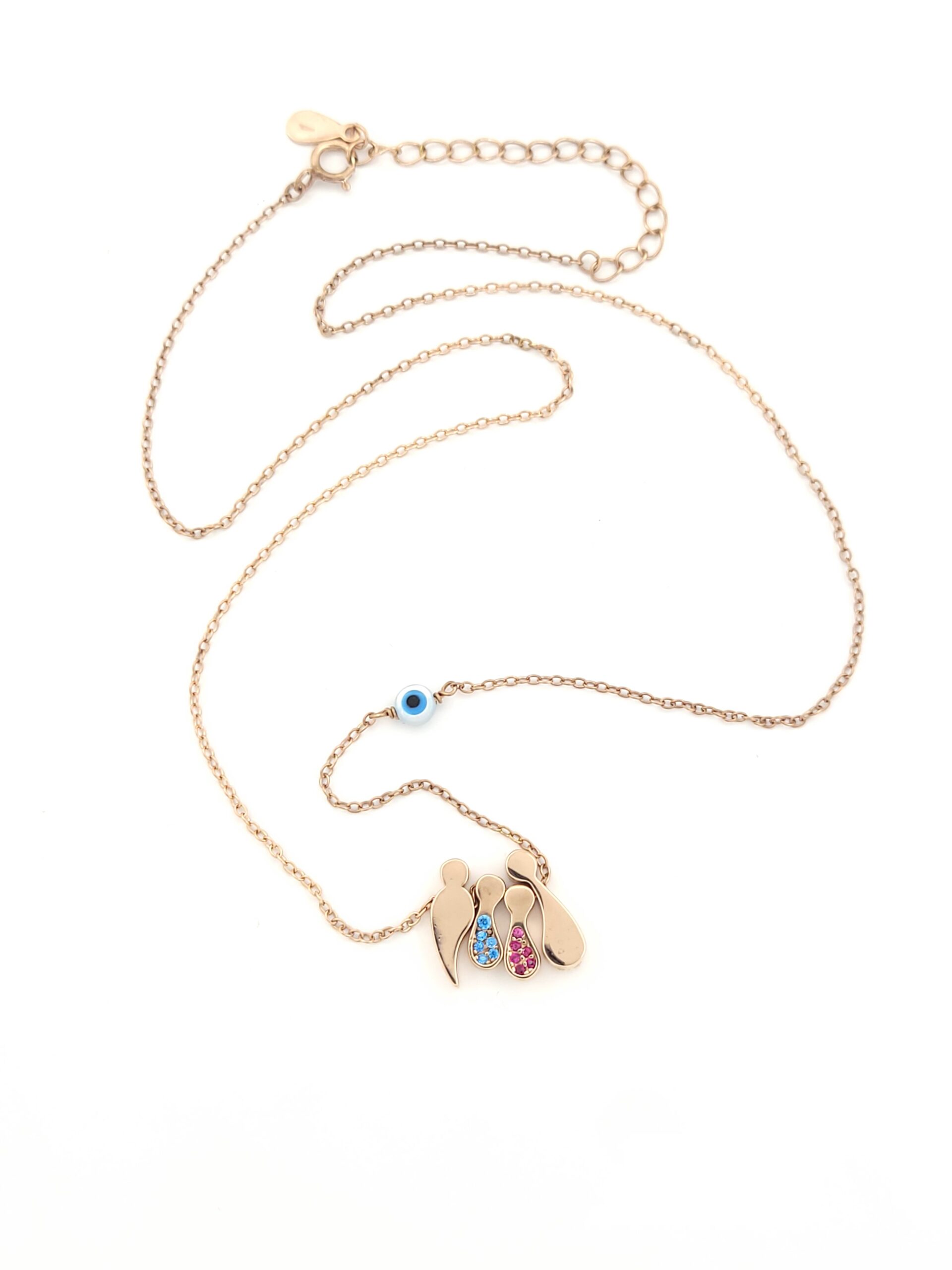 Ασημένιο Ροζ Gold Γυναικείο Κολιέ, Με Τετραμελή Οικογένεια Με Αγοράκι, Κοριτσάκι, Χρωματιστά Ζιργκόν Και Ματάκι κωδ.108576