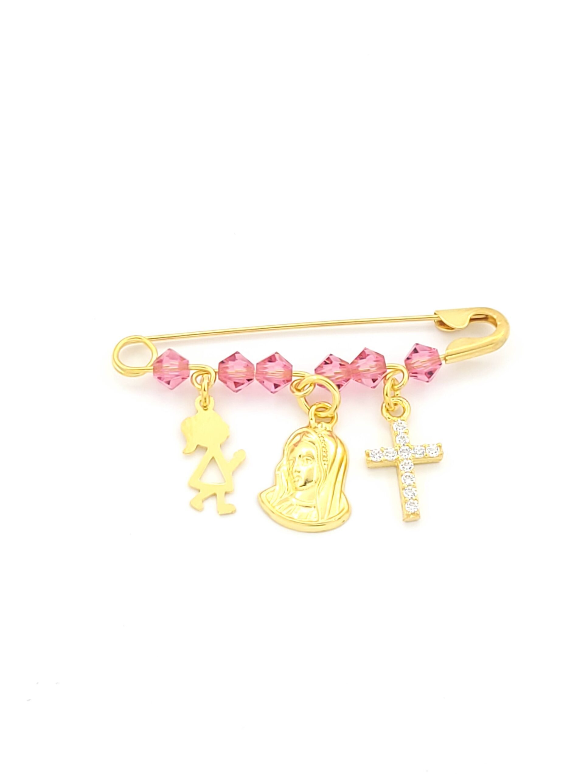 Ασημένια Επιχρυσωμένη Παιδική Παραμάνα, Με Ροζ Χάντρες, Κοριτσάκι, Παναγίτσα Και Σταυρό Με Λευκά Ζιργκόν κωδ.RG-SP034