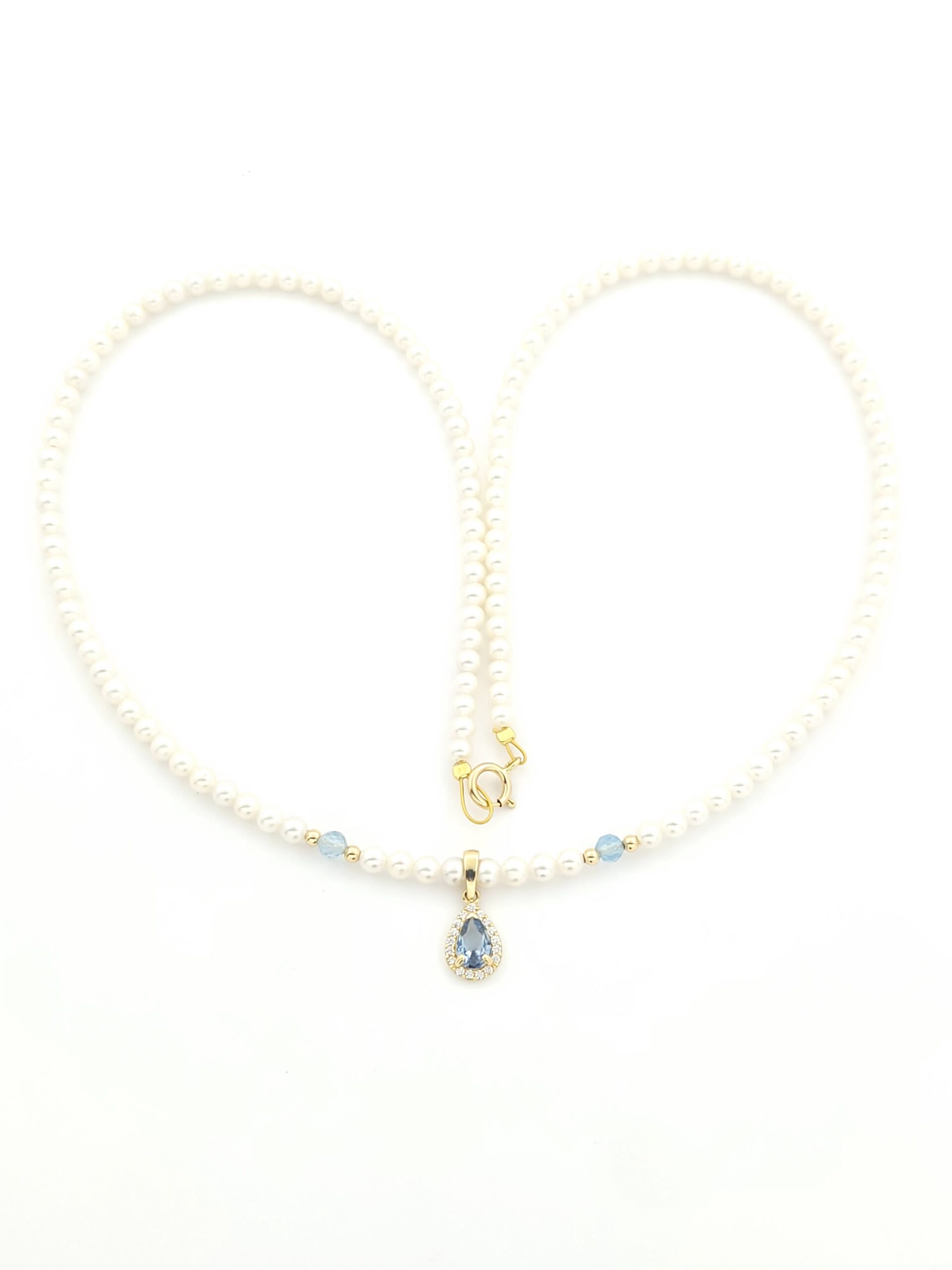 Χρυσό Γυναικείο Κολιέ Κ14, Με Μαργαριτάρια Fresh Water,Με Δάκρυ Ροζέτα Με Aqua Marine, Λευκά Ζιργκόν Και Hμιπολύτιμους Λίθους Aqua Marine κωδ.126227CN1039