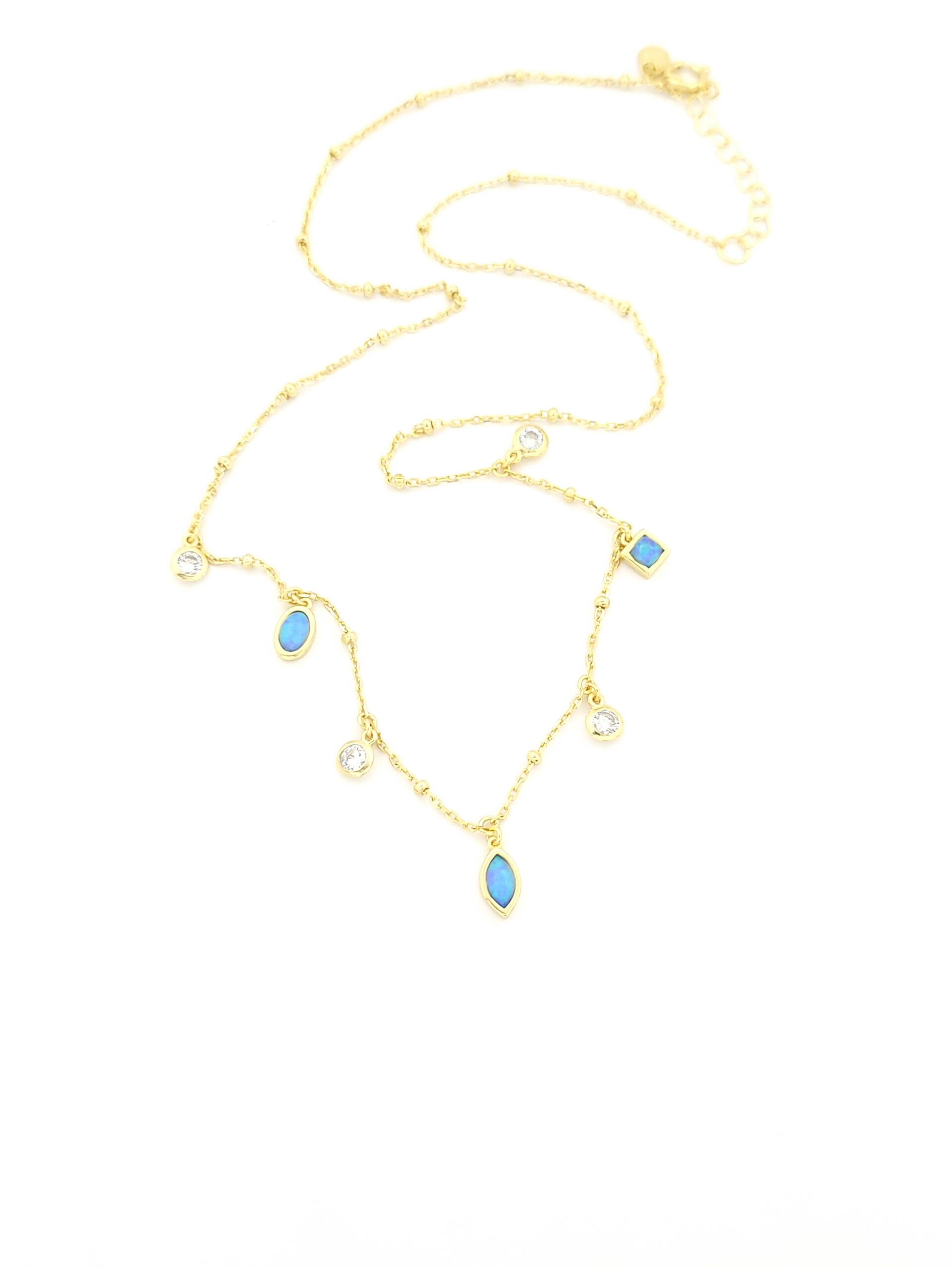 Ασημένιο Επιχρυσωμένο Γυναικείο Κολιέ, Με Κρεμαστά Στοιχεία Με Μπλέ Οπάλιο Και Λευκά Ζιργκόν κωδ.04-07-2203