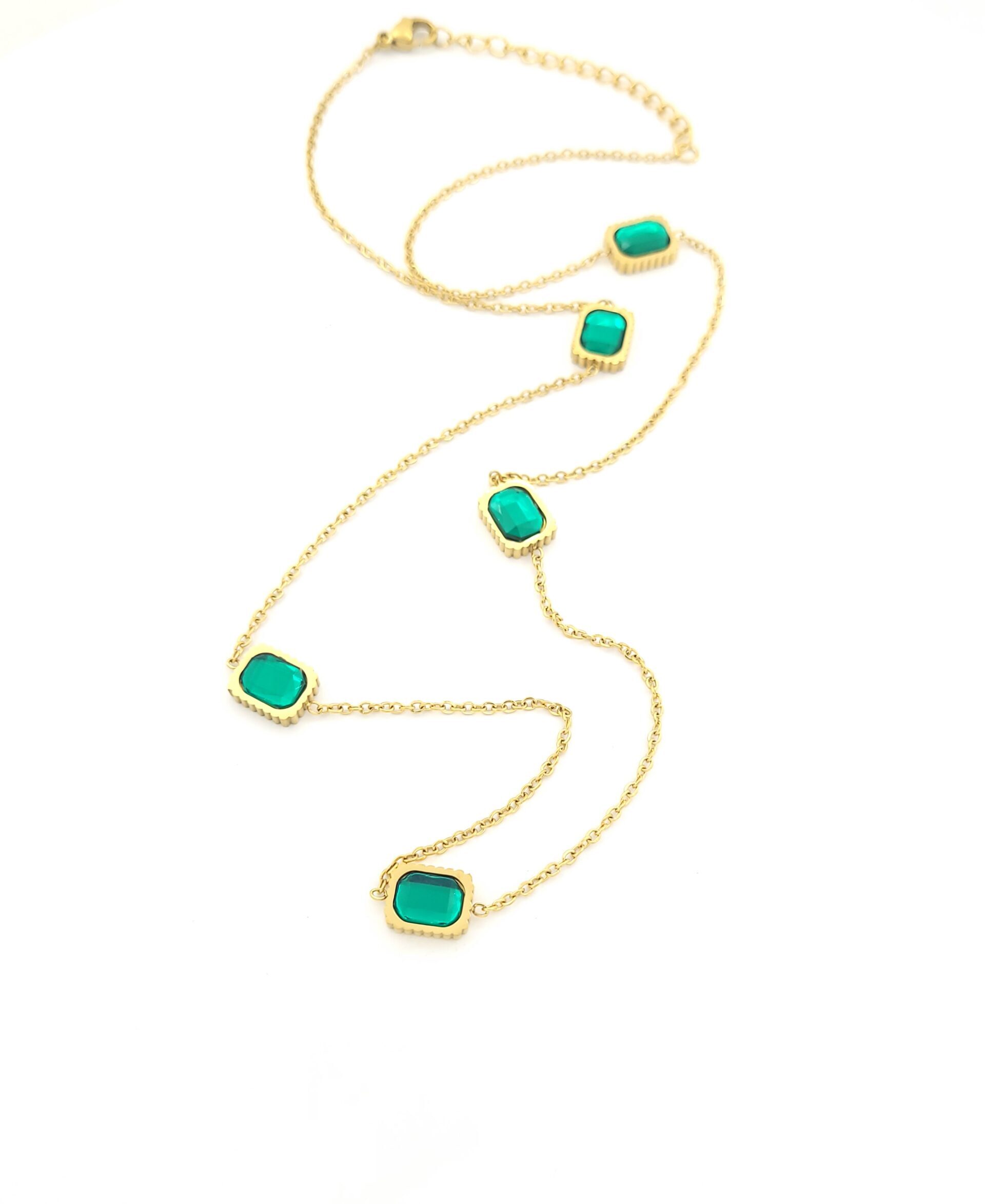 Ατσάλινο Γυναικείο Επιχρυσωμένο Κολιέ, Με Πράσινα Ζιργκόν κωδ. 05023