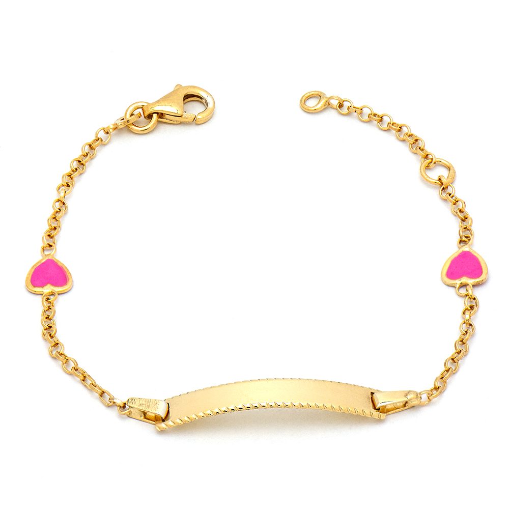 Ασημένιο Επιχρυσωμένο Παιδικό Βραχιόλι-Ταυτότητα, Με Καρδιές Με Ροζ Σμάλτο κωδ.CC-B034