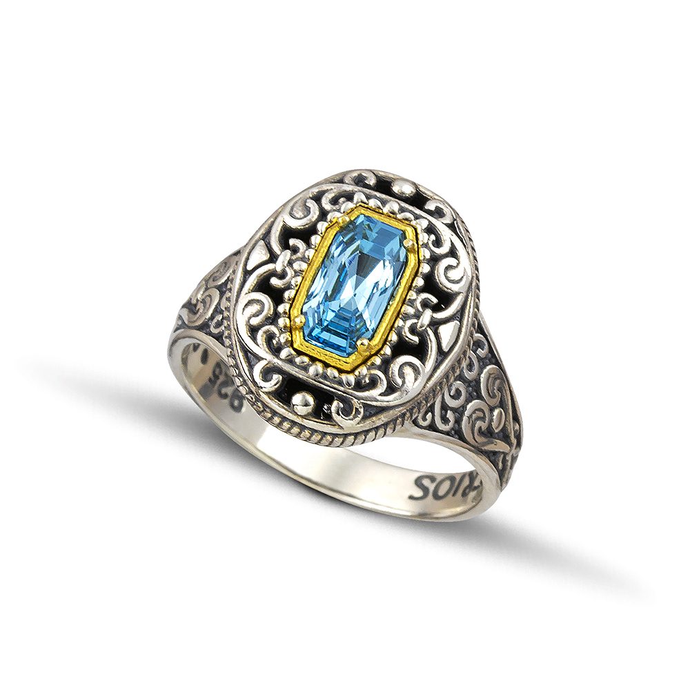 Γυναικείο Δίχρωμο Ασημένιο Δαχτυλίδι Dimitrios-Exclusive Με Ορθογώνιο Γαλάζιο Κρύσταλλο κωδ.D122-2