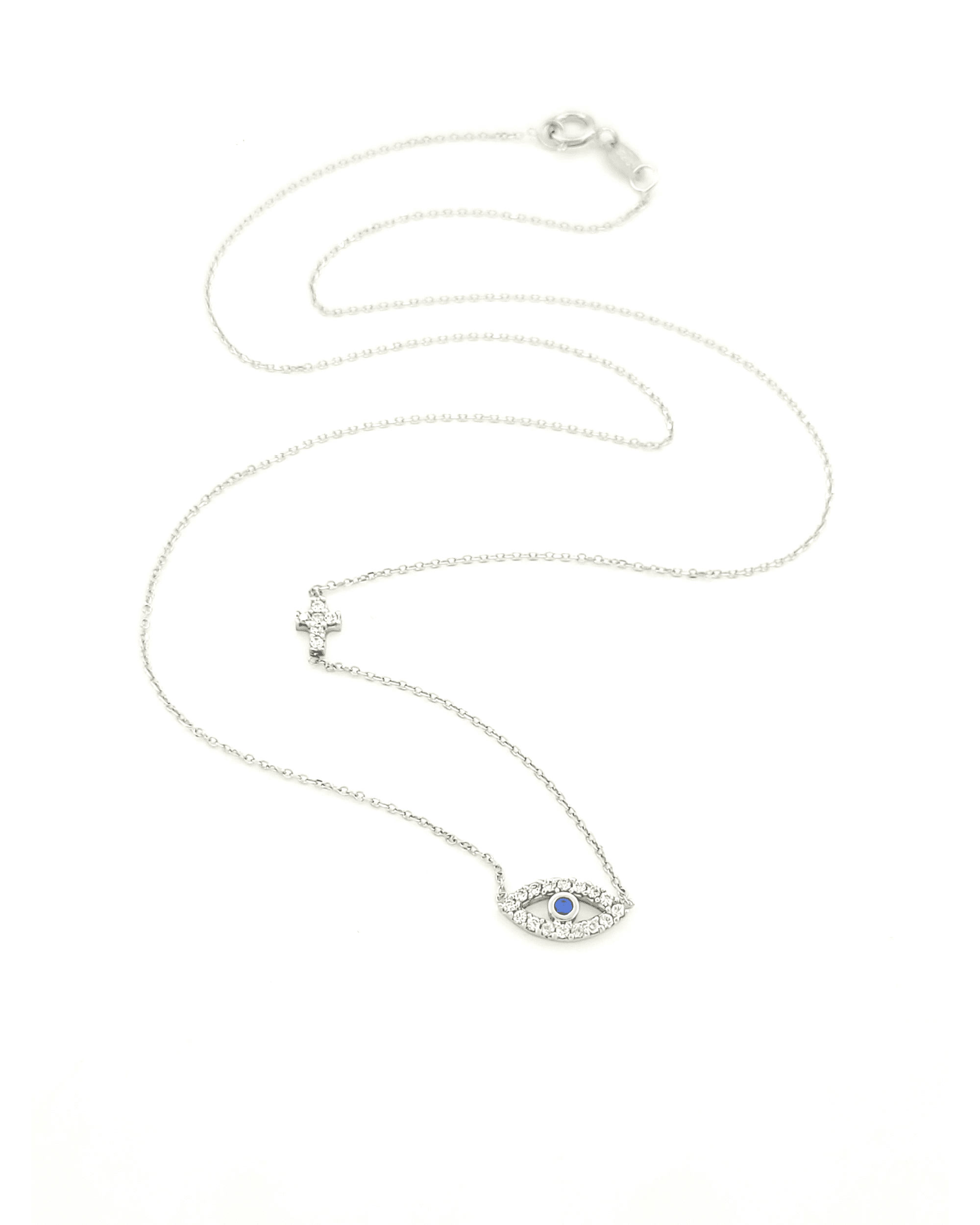 Λευκόχρυσο Γυναικείο Κολιέ Κ9, Με Ματάκι Με Λευκά Και Μπλέ Ζιργκόν Και Σταυρό κωδ.109108