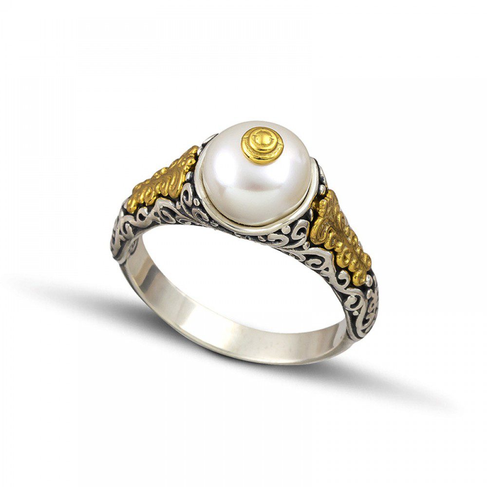 Ασημένιο Δίχρωμο Γυναικείο Δαχτυλίδι Dimitrios-Exclusive, Με Μαργαριτάρι κωδ.D120-2
