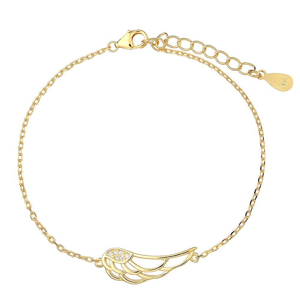 Ασημένιο Επιχρυσωμένο Γυναικείο Βραχιόλι, Με Φτερό Και Λευκά Ζιργκόν κωδ.17218-2