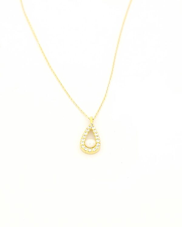 Χρυσό Γυναικείο Κολιέ Κ14, Δάκρυ Με Μαργαριτάρι Και Λευκά Ζιργκόν κωδ.109388 - Image 2
