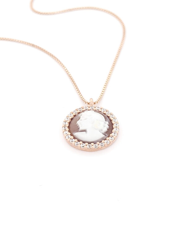 Ασημένιο Ροζ Gold Γυναικείο Κολιέ Cameo, Με Φιγούρα Γυναίκας Και Λευκά Ζιργκόν κωδ.109653 - Image 2
