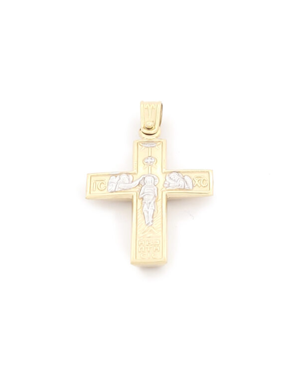 Xρυσός Δίχρωμος Ανδρικός Σταυρός Κ14 Διπλής Όψης Με Αναπαράσταση Βάφτισης, Ματ Λουστρέ κωδ.109721 - Image 4