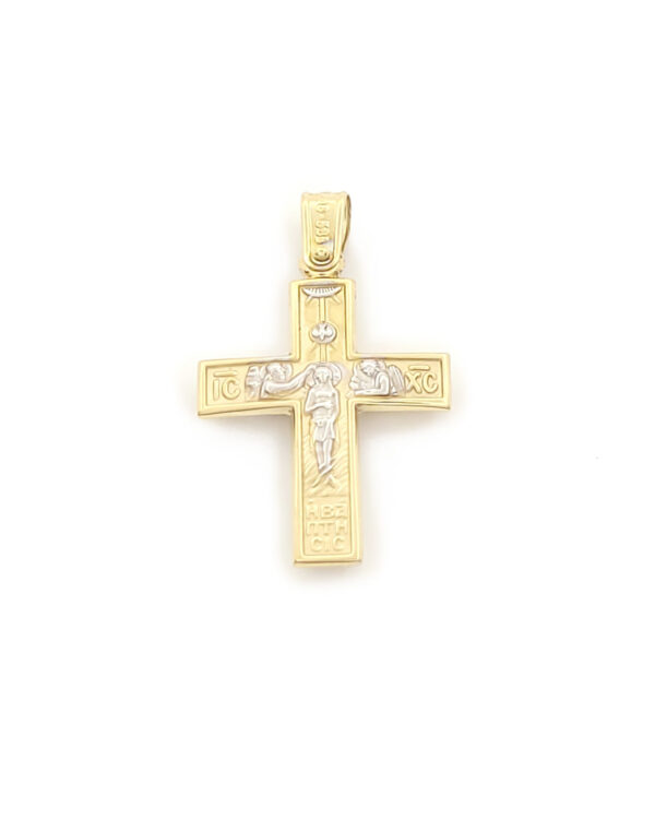 Δίχρωμος Ανδρικός Xρυσός Ματ Λουστρε Σταυρός Κ14,Διπλής Οψης Με Εσταυρωμένο και Αναπαράσταση Βάφτισης κωδ.109763 - Image 4